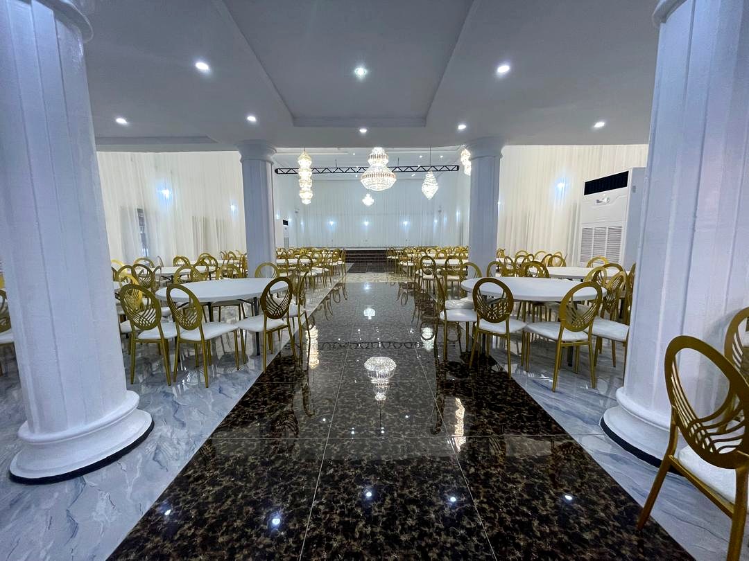 Banquet seating dressed for a reception